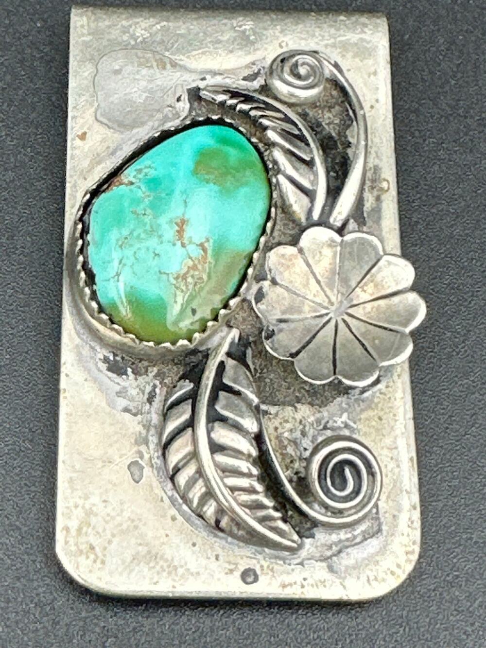 Vintage Navajo Style Sterling Silver Turquoise Money Clip Leaf & Flower Design